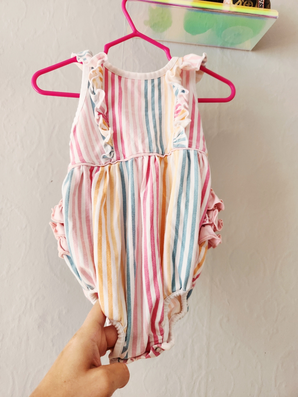 Ruffle Butts 3-6 Month Pastel Rainbow Stripe Ruffle Bubble Romper